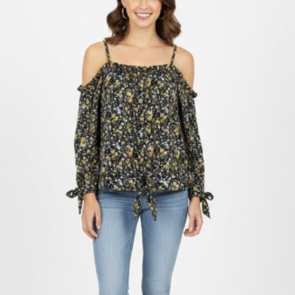New LA Gypsy size 2X Black Ditsy Floral Strappy Tie Front Cold Shoulder Blouse